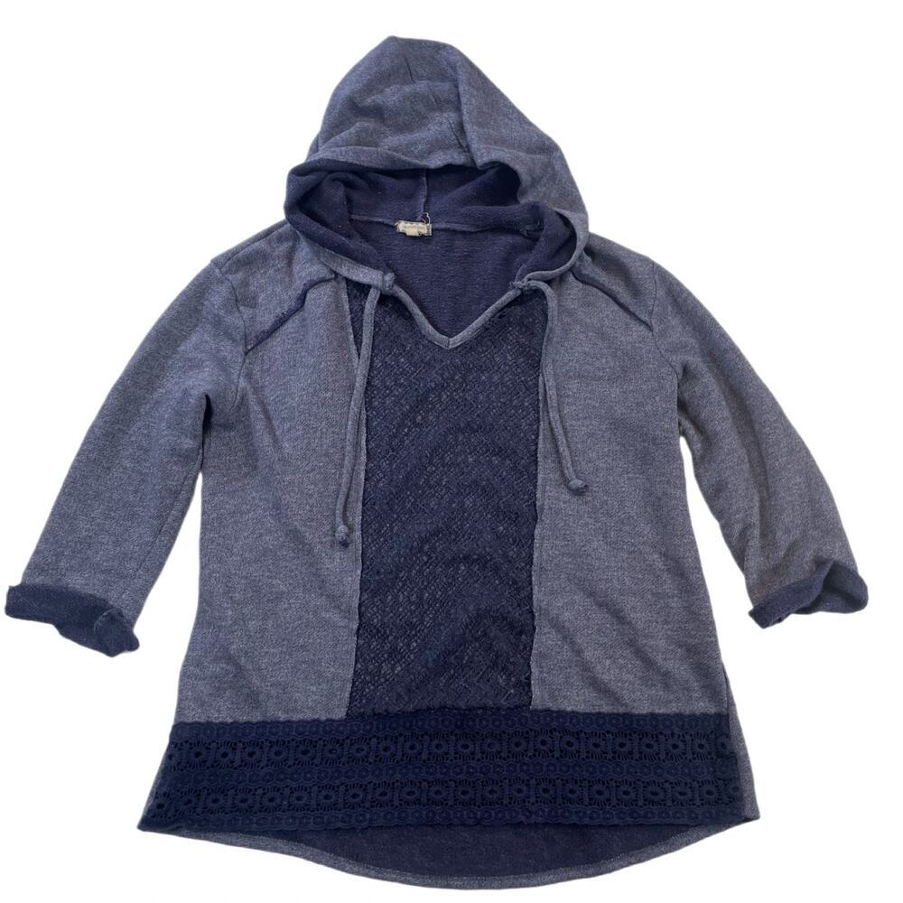 Eyeshadow Blue Crochet Lace V-Neck Hoodie Tunic Top Tunic Womens XL